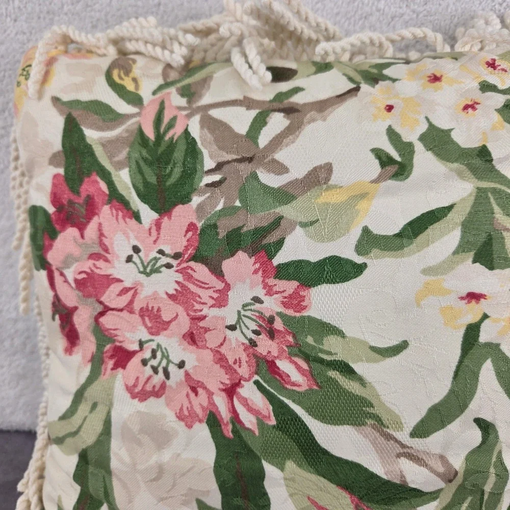 Vintage Floral Tapestry Throw Pillow Cream Pink Blue Rope Fringe 14x14 Square